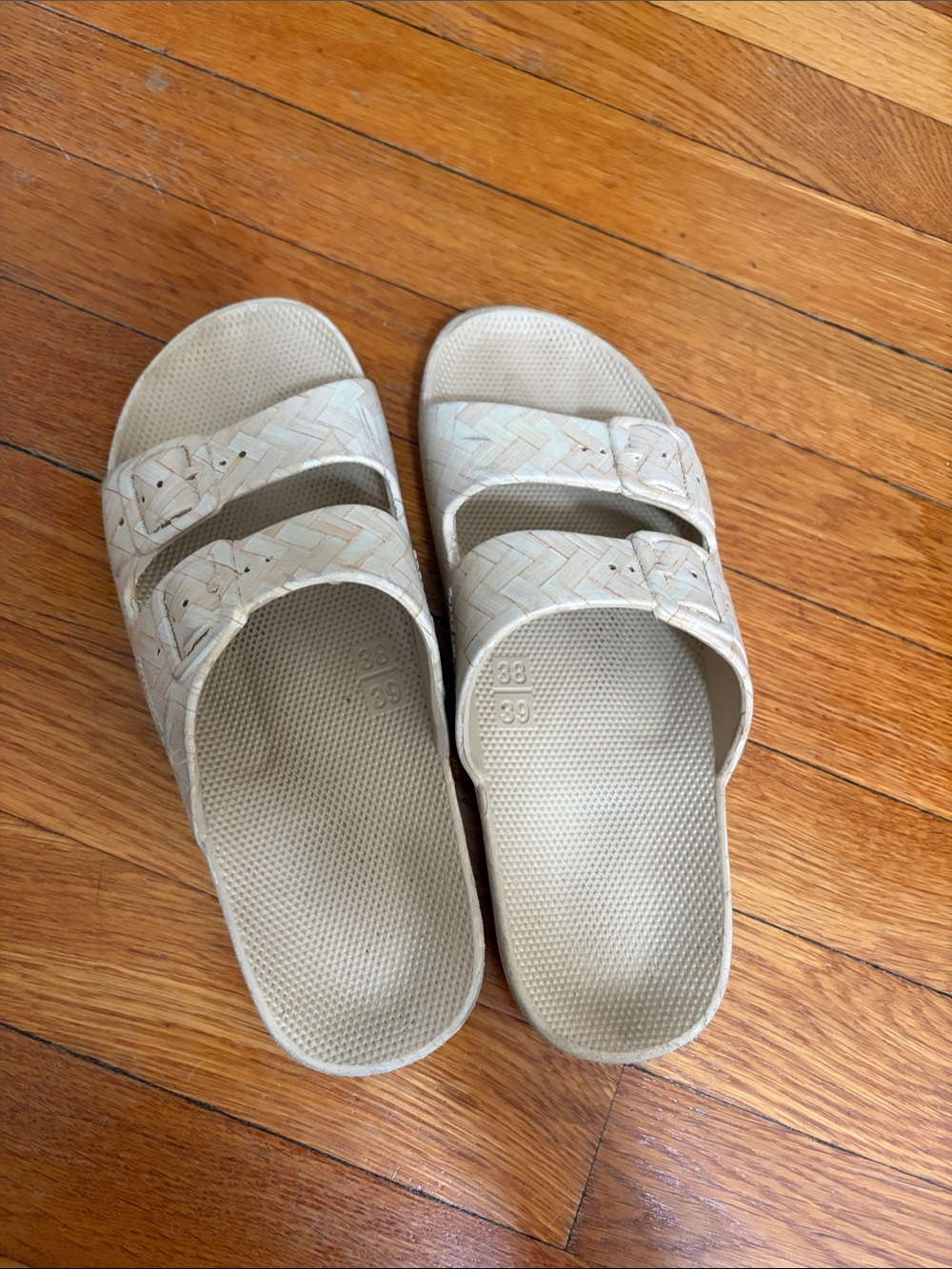 Light Beige Slide Sandals with Woven Straps